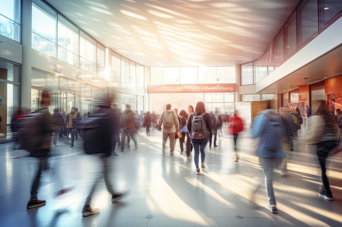 Students walking to class in a university or college environment. 