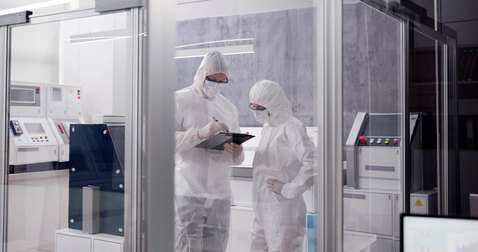 Two cleanroom technicians in protective suits review documentation on a clipboard inside a cleanroom production area.
