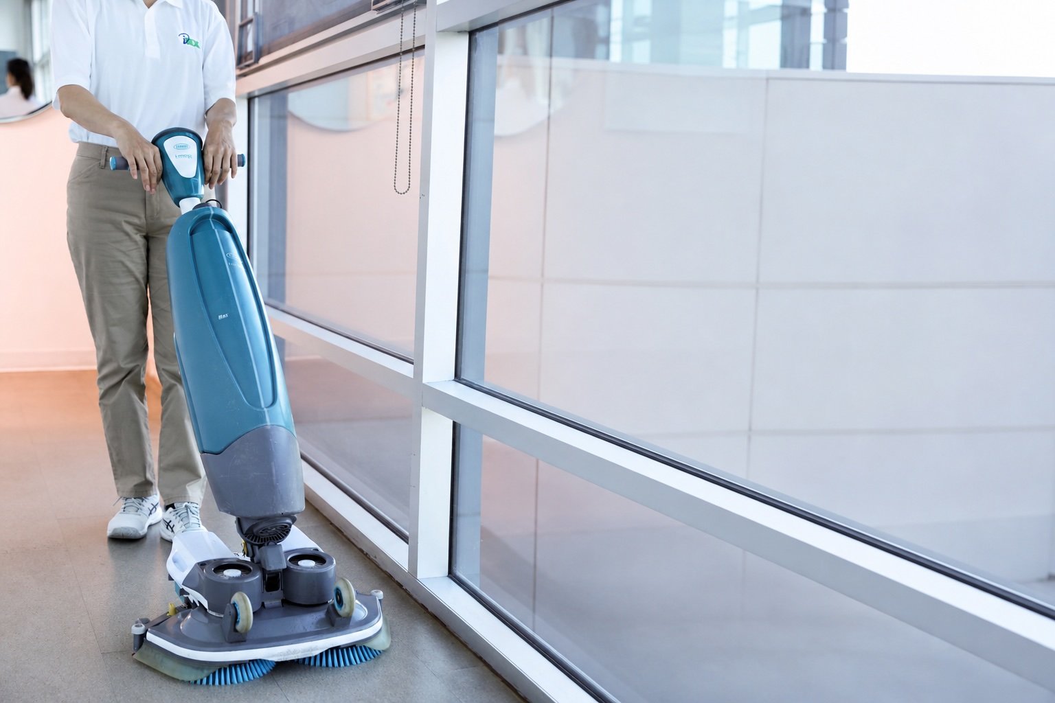 Janitorial team member in a branded polo using a floor scrubber in a corporate building hallway.Janitorial team member in a branded polo using a floor scrubber in a corporate building hallway.