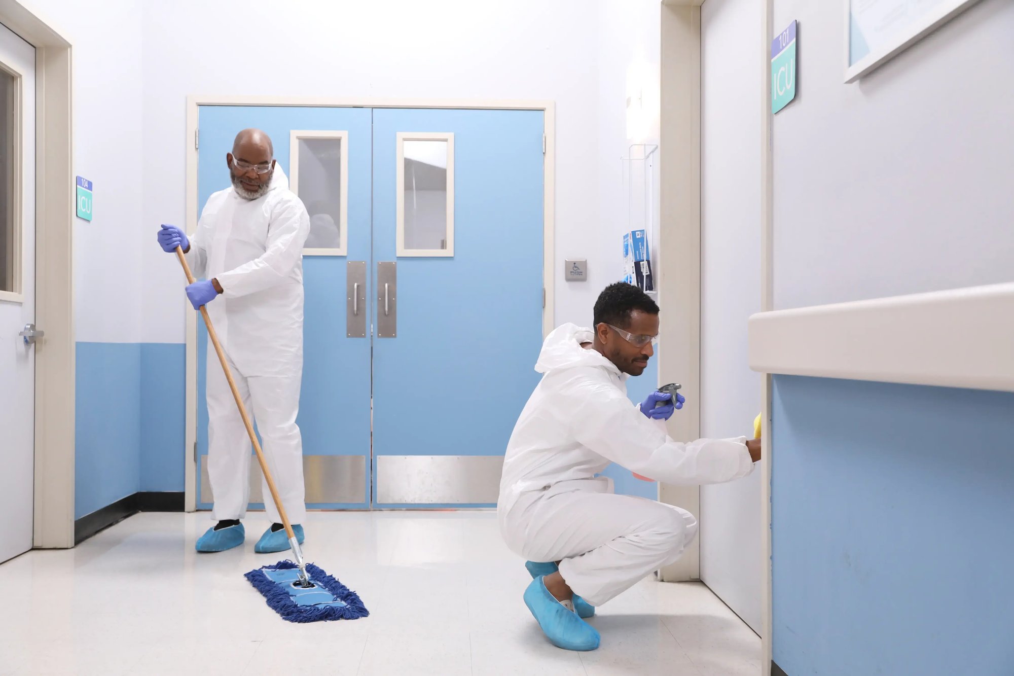 Two iNX technicians in protective gear mopping the floor and disinfecting a handrail in a healthcare facility hallway.
