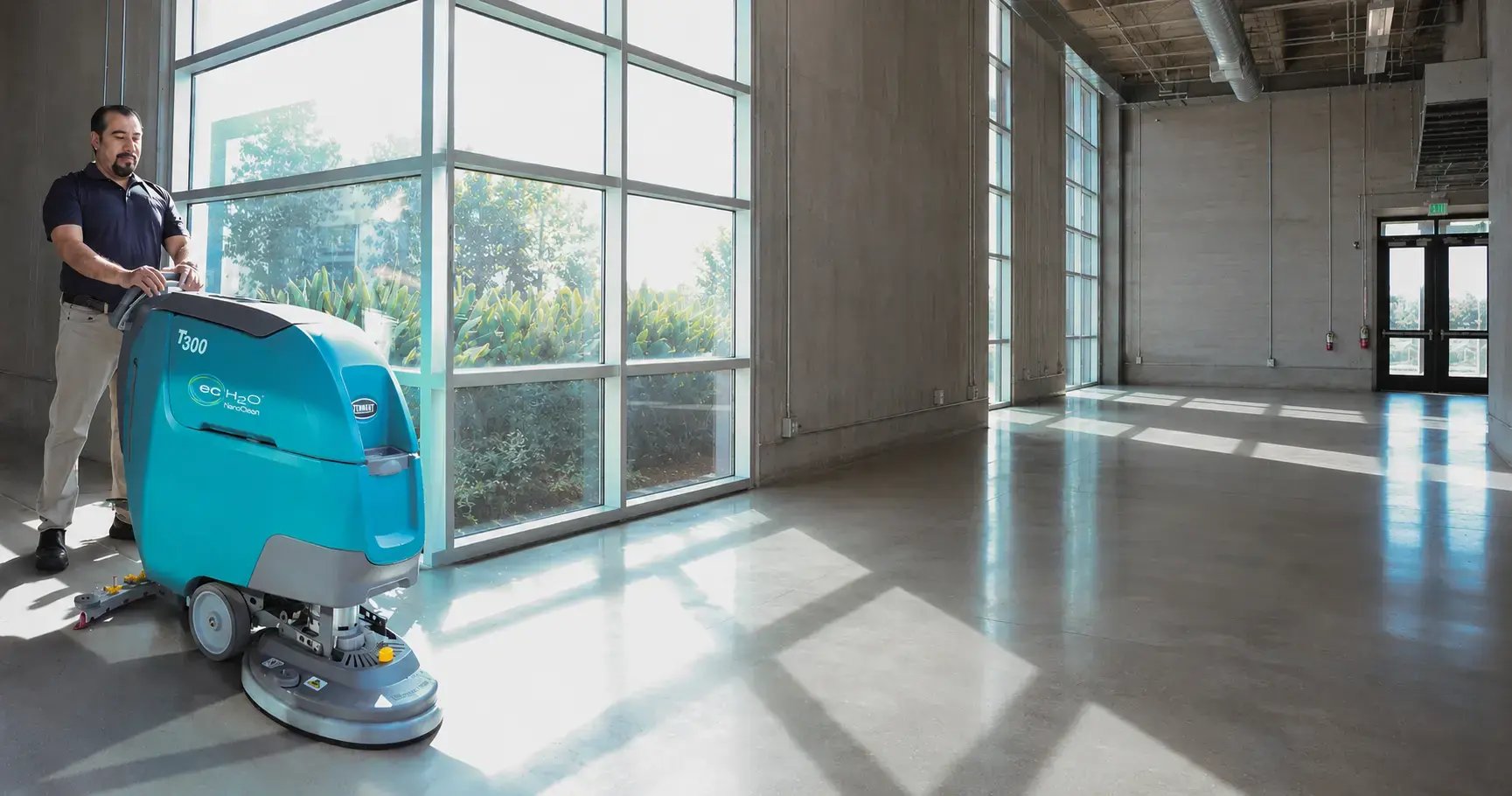 A warehouse maintenance technician operates a teal Tennant T300 floor scrubber near floor-to-ceiling windows in a bright, spacious industrial facility.