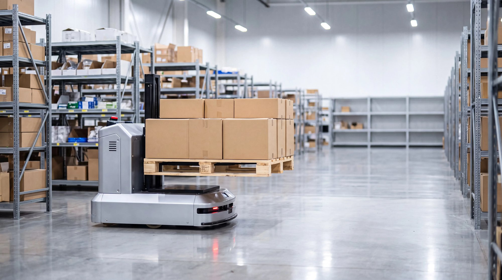 An automated guided vehicle transports a pallet of stacked cardboard boxes through a modern warehouse aisle lined with stocked metal shelving.