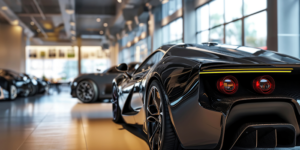 Premium black sports cars in modern dealership showroom with huge windows